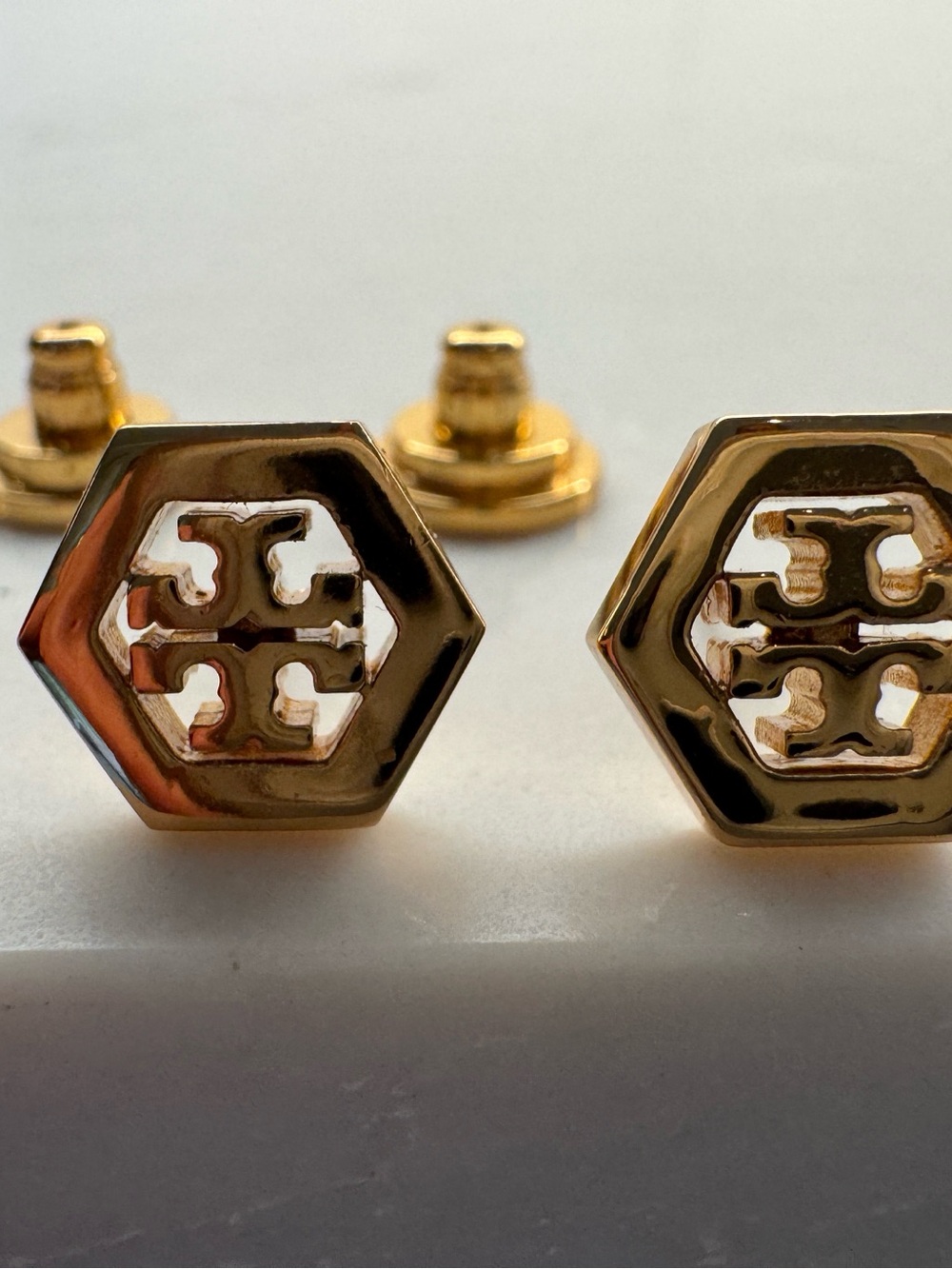 Tory Burch Gold Hexagon Logo Stud Earrings